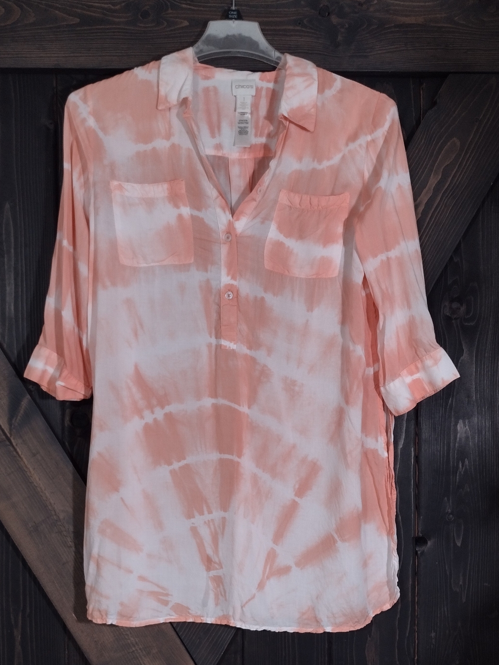 Chico's Peach Tie-Dye V-Neck Pullover Shirt Sz 1